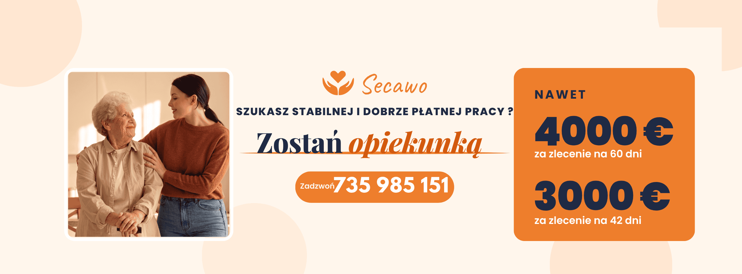 Szukasz stabilnej i dobrze płatnej pracy? Zostań opiekunką. Zadzwoń 735 985 151. Nawet 4000 € za zlecenie na 60 dni, 3000 € za zlecenie na 42 dni.